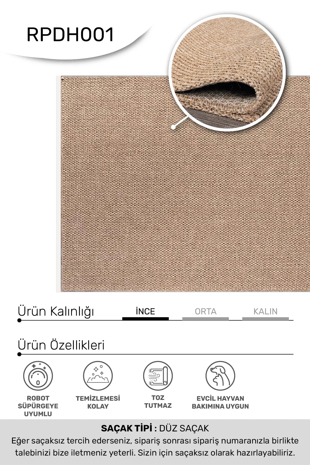 DAFNE Açık Kahverengi Halı - Özel Ölçü ve Kaydırmaz Taban