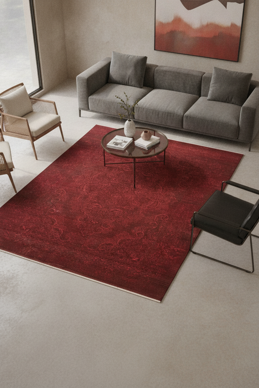 Retro Bordo Halı - Modern ve Şık Tasarım (Oturma, Yatak, Çocuk Odası)
