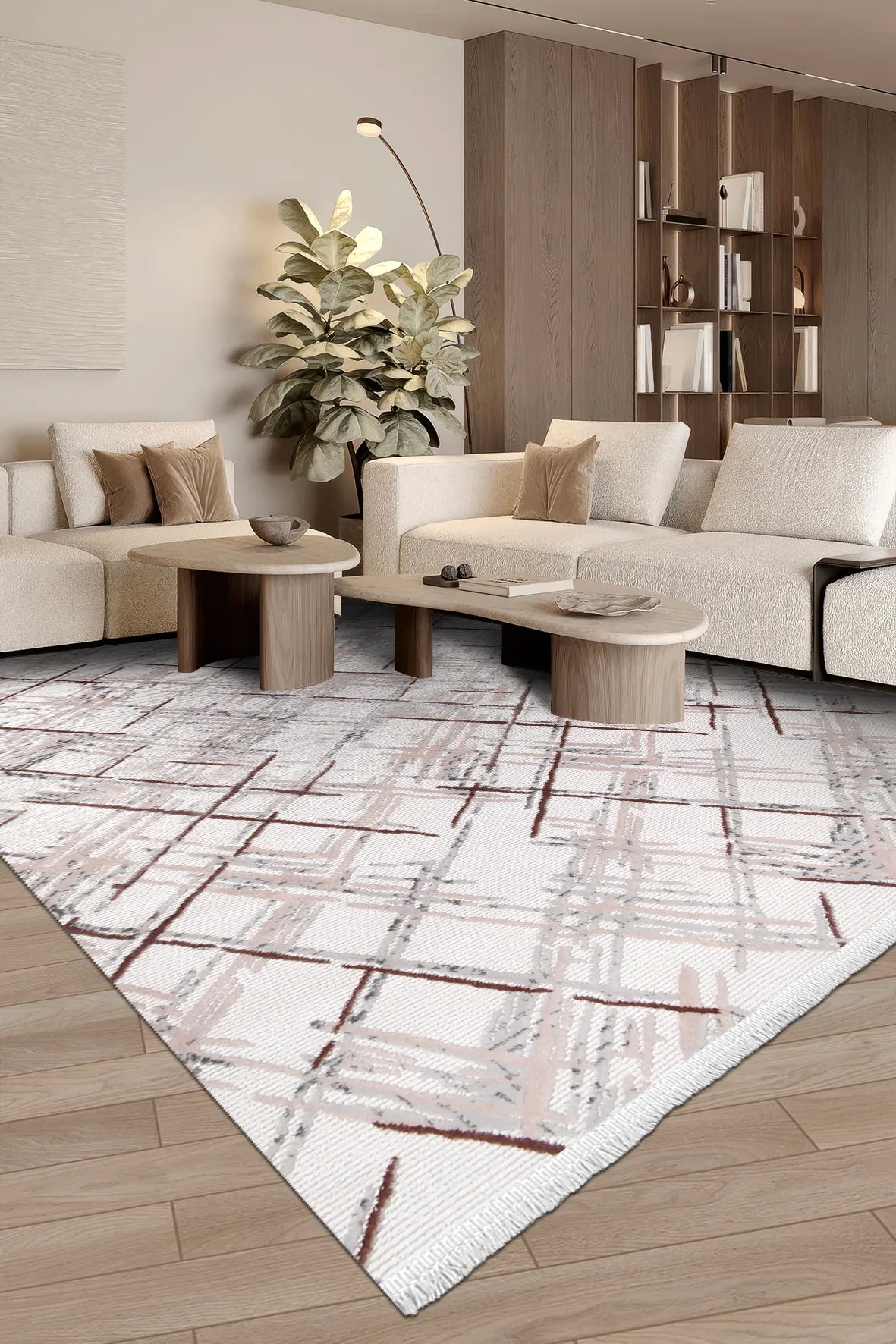 ARSİNA Krem/Gri/Koyu Kahve Halı - Özel Ölçü, Kolay Temizlik
