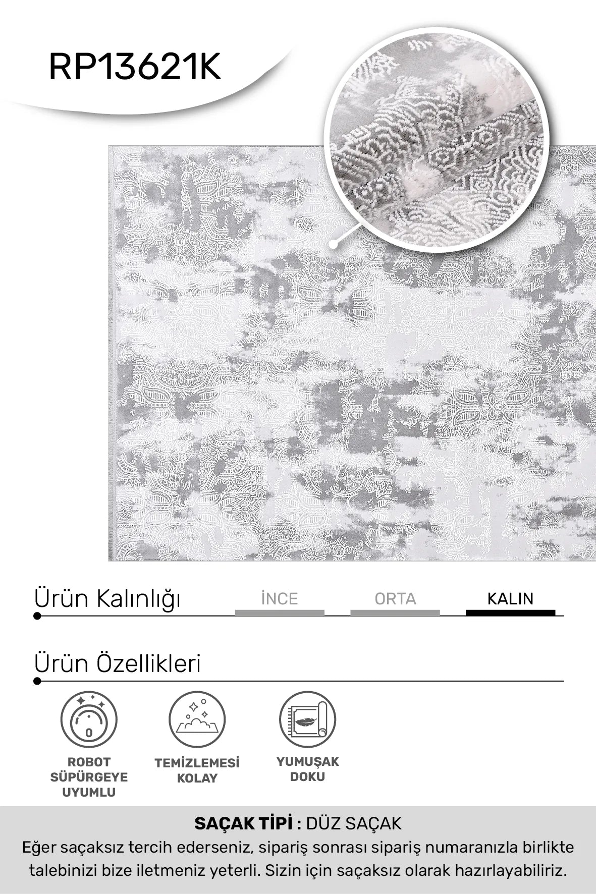 BLOOM Gri/Beyaz Halı - Özel Ölçü, Modern ve Dayanıklı
