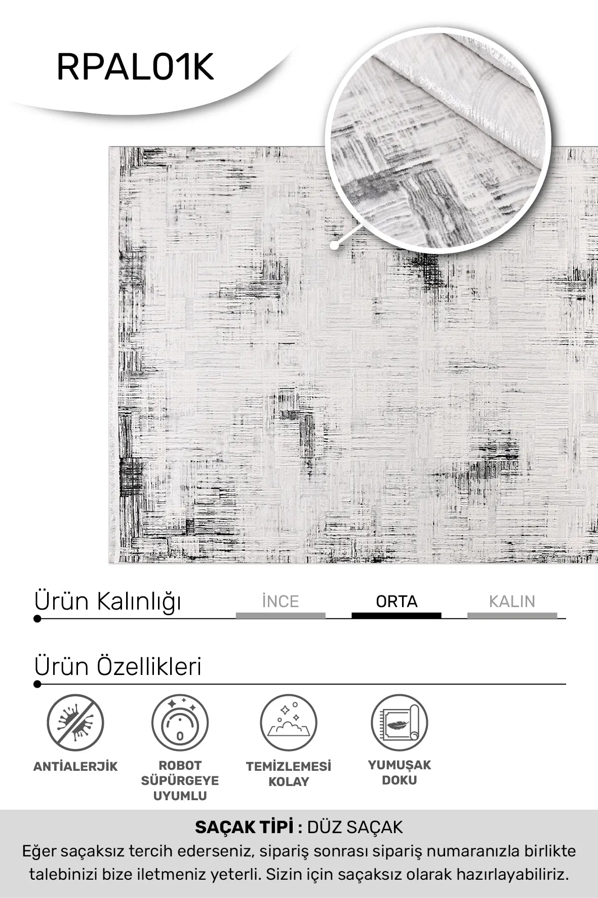 Arya Halı - Beyaz/Gri, Özel Ölçü, Modern ve Kolay Temizlenebilir