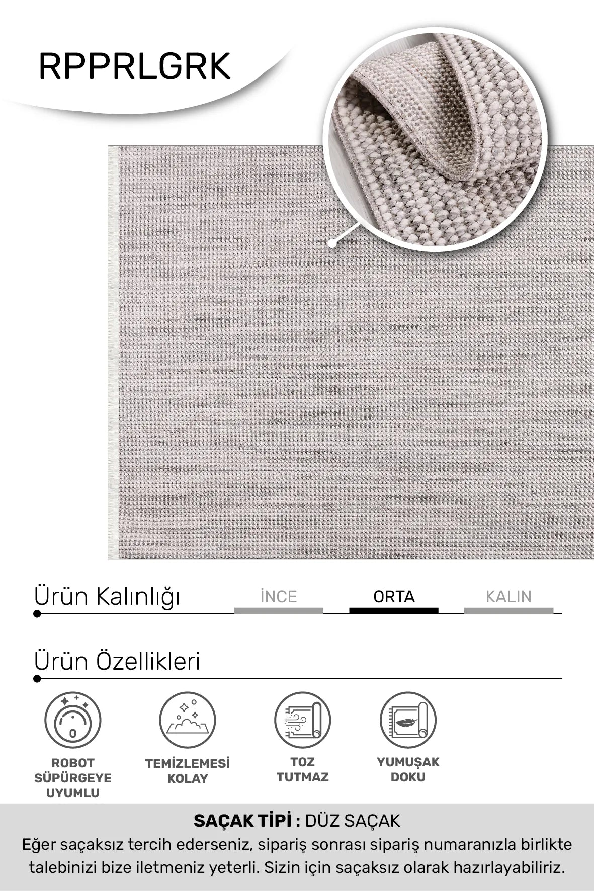 PARLA Gri Halı - Özel Ölçü, Kolay Temizlenebilir, Modern Tasarım