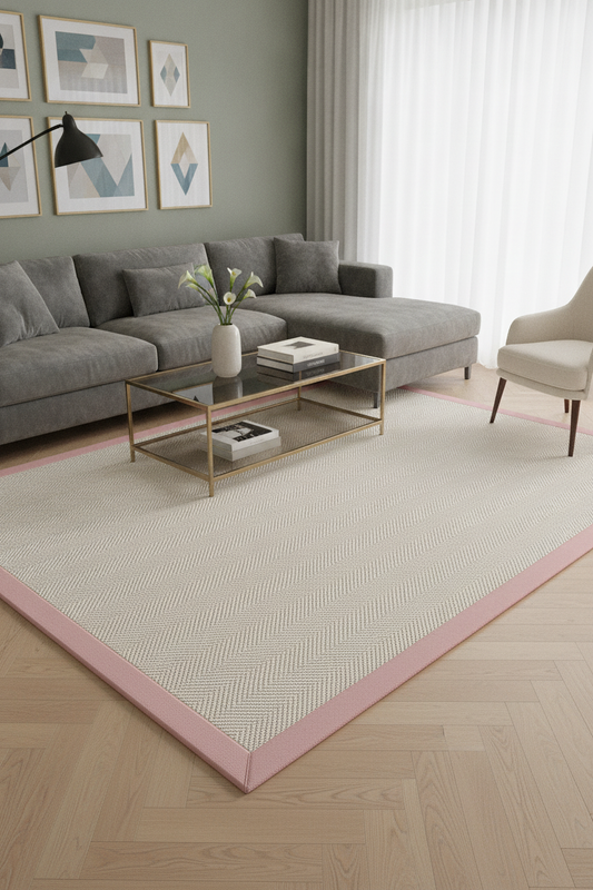 Bombay Krem Halı - Pembe Bordürlü Kolay Temizlenen Sisal Halı