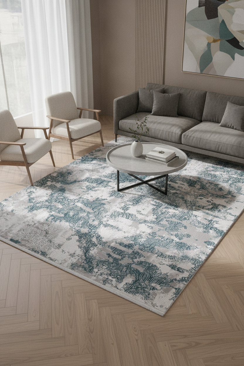 BLOOM Mavi/Gri/Beyaz Halı - Özel Ölçü, Şık ve Fonksiyonel