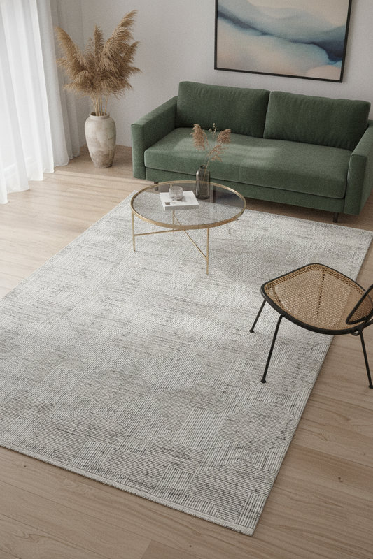 WİNS Gri/Beyaz Halı - Özel Ölçü, Modern ve Kolay Temizlenebilir