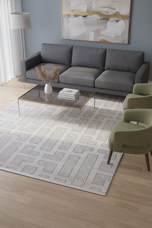 ROXSTONE Bej/Gri Halı - Özel Ölçü, Modern ve Kolay Temizlenebilir